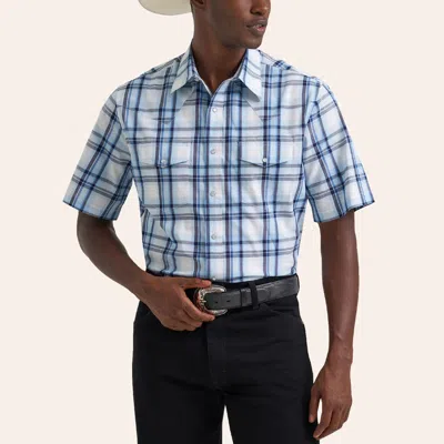 Wrangler Men's Blue & White Plaid Print Wrinkle Resist Pearl Snap Western Shirt