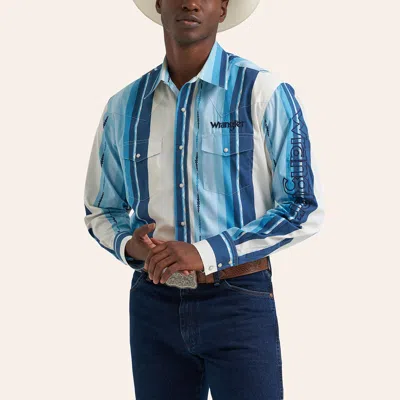 Wrangler Men's Blue & White Stripe Print Logo Embroidered Long Sleeve Pearl Snap Western Shirt