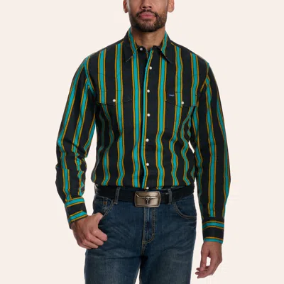 Wrangler Men's Brushpopper Black & Teal Stripe Pearl Snap Long Sleeve Western Shirt In Multi