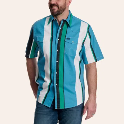 Wrangler Men's Brushpopper Blue & Green Stripe Print Pearl Snap Western Shirt