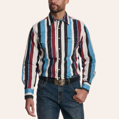 Wrangler Men's Brushpopper Blue & Multi Stripe Pearl Snap Long Sleeve Western Shirt