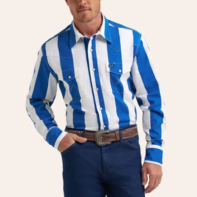 Wrangler Men's Brushpopper Blue & White Stripe Print Long Sleeve Pearl Snap Western Shirt