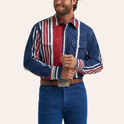 Wrangler Men's Brushpopper Navy & Burgundy Stripe Print Long Sleeve Pearl Snap Western Shirt In Multi