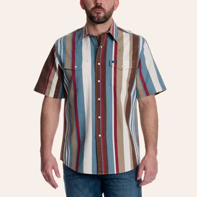 Wrangler Men's Brushpopper Tan & Blue Stripe Print Pearl Snap Western Shirt In Brown