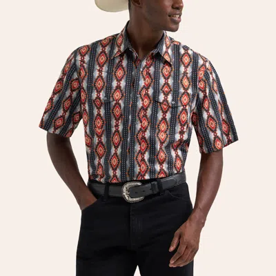Wrangler Men's Checotah Black & Orange Aztec Print Pearl Snap Western Shirt In Multi