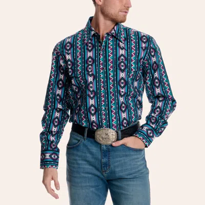 Wrangler Men's Checotah Black Aztec Stripe Print Long Sleeve Pearl Snap Western Shirt