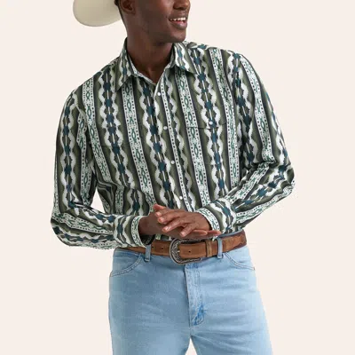 Wrangler Men's Checotah Green Aztec Print Long Sleeve Pearl Snap Western Shirt