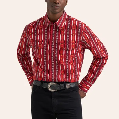 Wrangler Men's Checotah Red Aztec Stripe Print Long Sleeve Pearl Snap Western Shirt