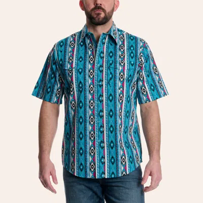 Wrangler Men's Checotah Turquoise Aztec Print Pearl Snap Western Shirt In Blue