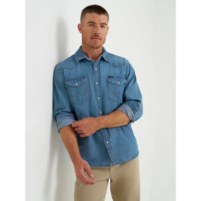Wrangler Men's Denim Western Snap Front Shirt In Lake Wash In Blue