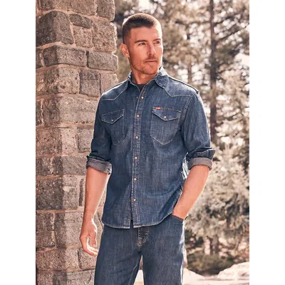 Wrangler Men's Denim Western Snap Shirt In Dark Wash In Blue