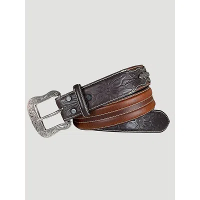 Wrangler Men's Double Stitch Floral Leather Belt In Brown In Black