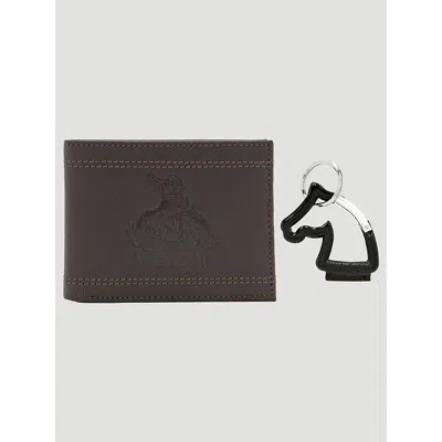 Wrangler Men's Embossed Wallet & Horse Carabiner Set In Chocolate In Brown