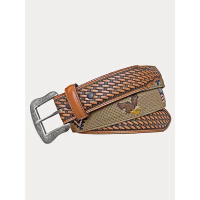Wrangler Men's Embroidered Basketweave Leather Belt In Brown