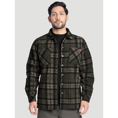 Wrangler Men's Faux Shearling Workwear Flannel Overshirt In Olive Green Check In Multi