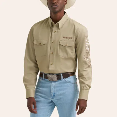 Wrangler Men's Khaki Logo Embroidered Long Sleeve Western Shirt In Brown