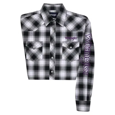 Wrangler Men's Long Sleeve Logo Western Snap Shirt In Black & White In Multi