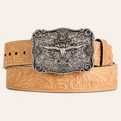Wrangler Men's Natural Embossed Leather & Silver Longhorn Buckle Belt In Brown