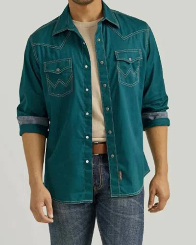 Wrangler Men's Premium Snap Long Sleeve Shirt In Deep Teal In Blue