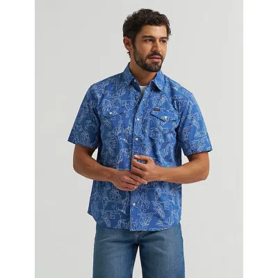 Wrangler Men's Printed Snap Camp Shirt In Navy Rodeo In Blue