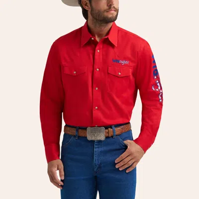 Wrangler Men's Red American Flag Logo Embroidered Long Sleeve Pearl Snap Western Shirt