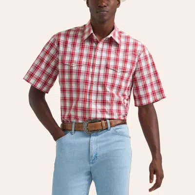 Wrangler Men's Red & White Plaid Print Wrinkle Resist Pearl Snap Western Shirt In Pink