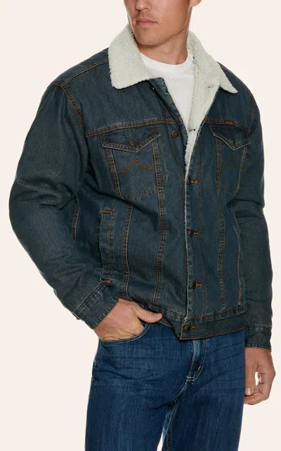 Wrangler Men's Sherpa Lined Dark Stonewash Denim Jacket In Blue
