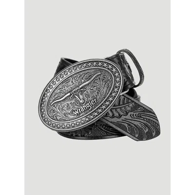 Wrangler Men's Trophy Buckle Embossed Belt In Black In Gray