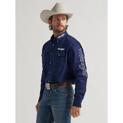 Wrangler Men's ® Logo Long Sleeve Button Down Solid Shirt In Navy In Blue