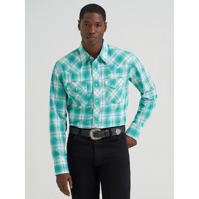 Wrangler Men's ® Logo Long Sleeve Western Snap Shirt In Turquoise Sea In Green