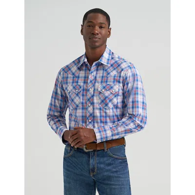 Wrangler Men's  Retro® Long Sleeve Sawtooth Snap Pocket Western Shirt In Daisy Blue