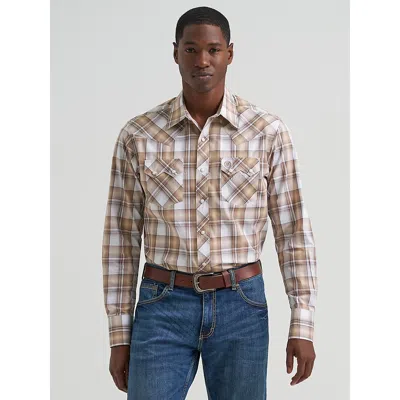 Wrangler Men's  Retro® Long Sleeve Sawtooth Snap Pocket Western Shirt In Dark Taupe In Multi