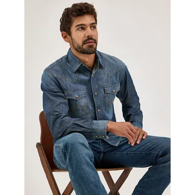 Wrangler Men's  Retro® Premium Long Sleeve Denim Western Snap Shirt In Blue Denim