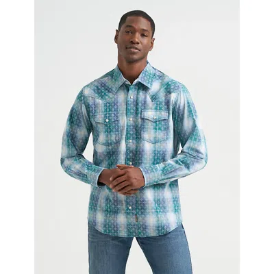 Wrangler Men's  Retro® Premium Long Sleeve Western Snap Plaid Shirt In Pebbled Blue