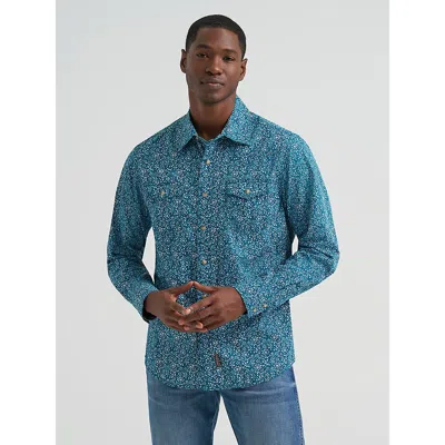 Wrangler Men's  Retro® Premium Long Sleeve Western Snap Printed Shirt In Happy Teal In Blue