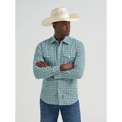 Wrangler Men's  Retro® Premium Long Sleeve Western Snap Printed Shirt In Turq Diamon In Blue
