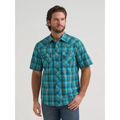 Wrangler Men's  Retro® Short Sleeve Sawtooth Pocket Western Snap Shirt In Lagoon In Blue
