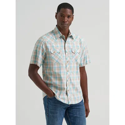Wrangler Men's  Retro® Short Sleeve Sawtooth Pocket Western Snap Shirt In Tan Light In Blue