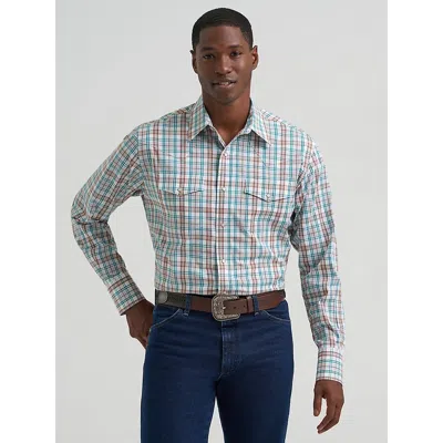 Wrangler Men's Wrinkle Resist Long Sleeve Western Snap Plaid Shirt In Turq Plaid In Brown
