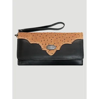Wrangler Ostrich And Concho Logo Wristlet In Black/tan In Multi