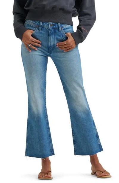 Wrangler Raw Hem High Waist Kick Flare Jeans In Blue