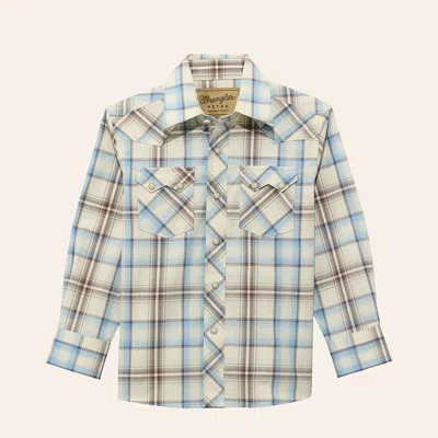 Wrangler Retro Boys' Blue & Brown Plaid Print Long Sleeve Pearl Snap Western Shirt In Multi