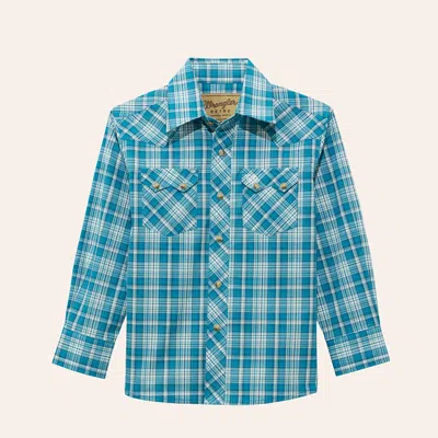 Wrangler Retro Boys' Turquoise Plaid Print Long Sleeve Pearl Snap Western Shirt In Blue