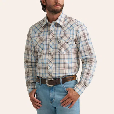 Wrangler Retro Men's Brown & Blue Plaid Print Long Sleeve Pearl Snap Western Shirt In Multi