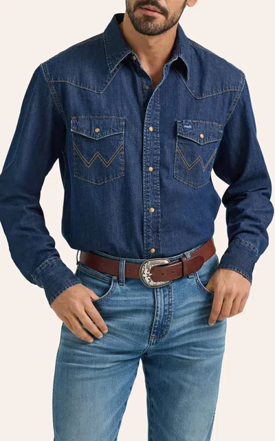 Wrangler Retro Men's Dark Wash Denim Western Shirt In Blue