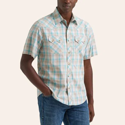 Wrangler Retro Men's Tan & Turquoise Plaid Print Pearl Snap Western Shirt In Blue