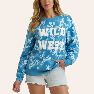 Wrangler Retro Women's Blue Cactus Print Wild West Graphic Sweatshirt