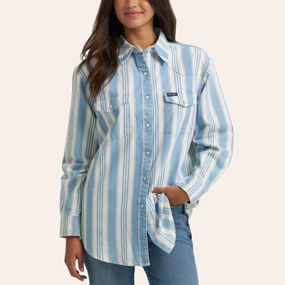 Wrangler Retro Women's Blue Stripe Print Long Sleeve Pearl Snap Western Shirt