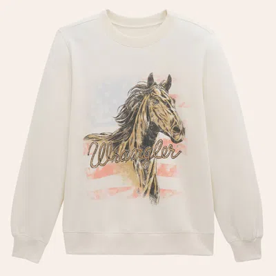Wrangler Women's Americana Horse Graphic Fleece Reg Pullover In Egret In White