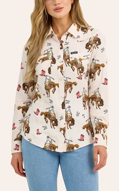 Wrangler Retro Women's Light Cream Rodeo Print Western Shirt In White